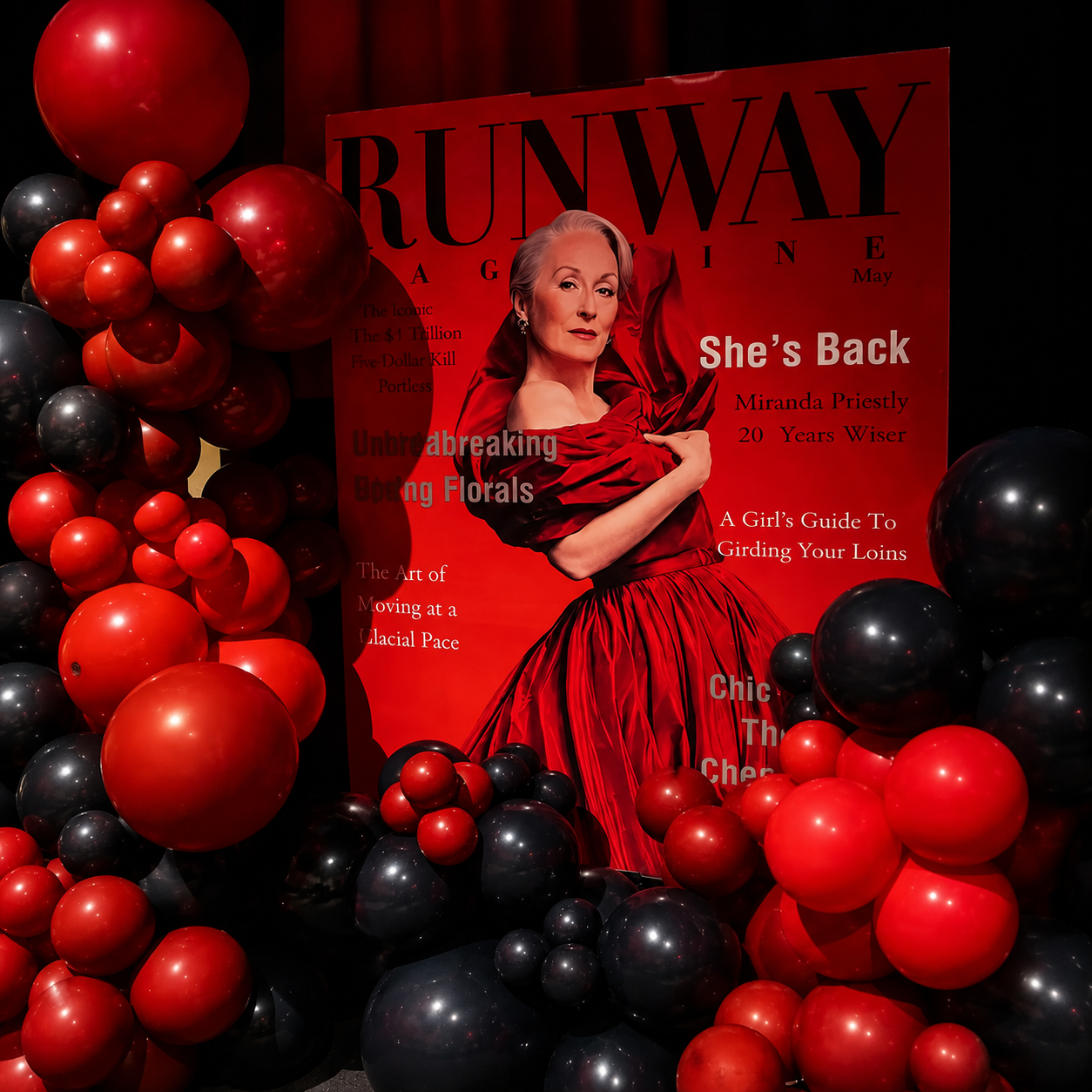 Dramatic red and black balloon installation around a Runway magazine backdrop